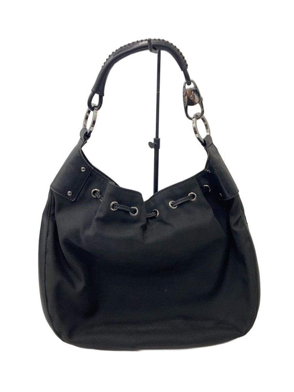 Gucci black canvas drawstring hobo bag leather leather handle Black